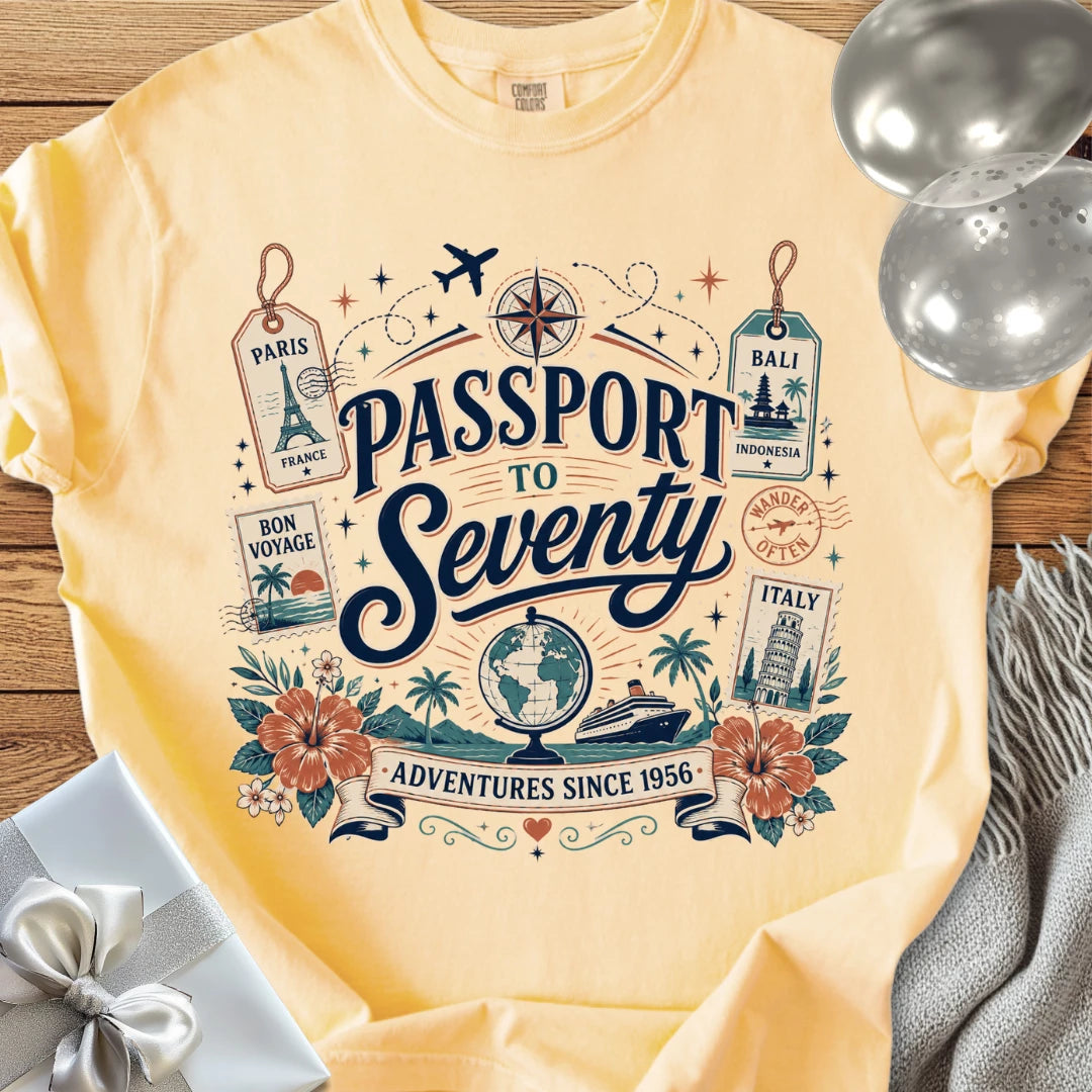 Passport to Seventy, Adventures Since 1956 - Premium 70th Birthday T-Shirt