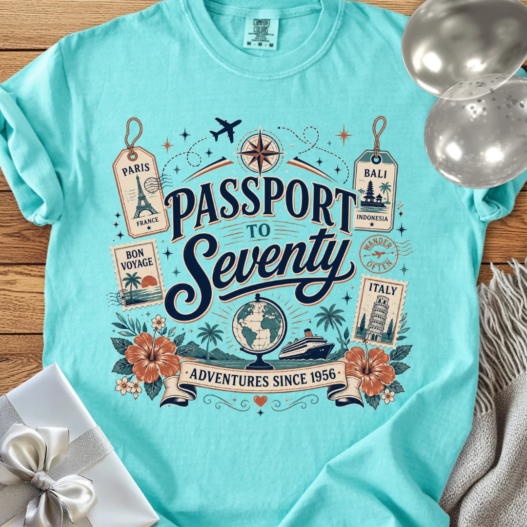 Passport to Seventy, Adventures Since 1956 - Premium 70th Birthday T-Shirt