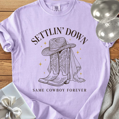 Settlin' Down, Same Cowboy Forever - Premium Wedding T-Shirt