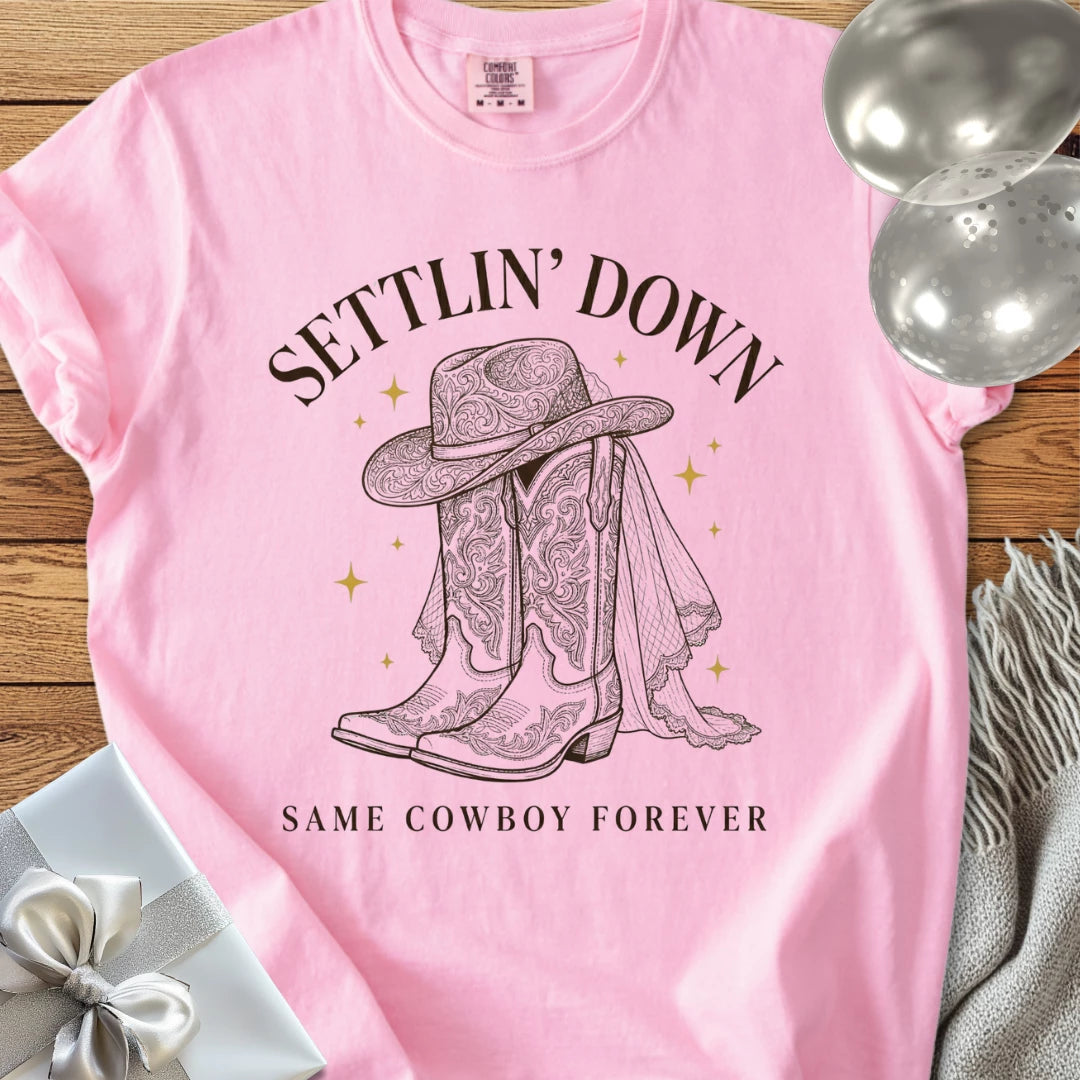 Settlin' Down, Same Cowboy Forever - Premium Wedding T-Shirt