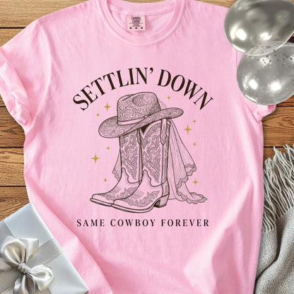 Settlin' Down, Same Cowboy Forever - Premium Wedding T-Shirt