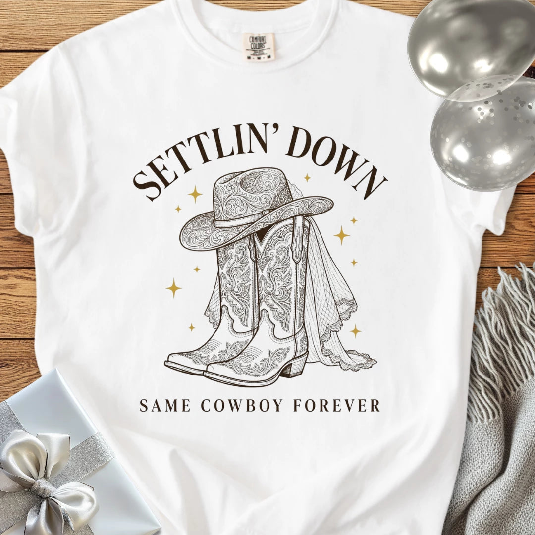 Settlin' Down, Same Cowboy Forever - Premium Wedding T-Shirt