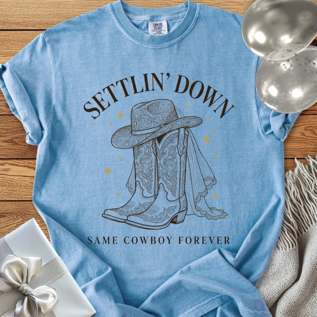 Settlin' Down, Same Cowboy Forever - Premium Wedding T-Shirt