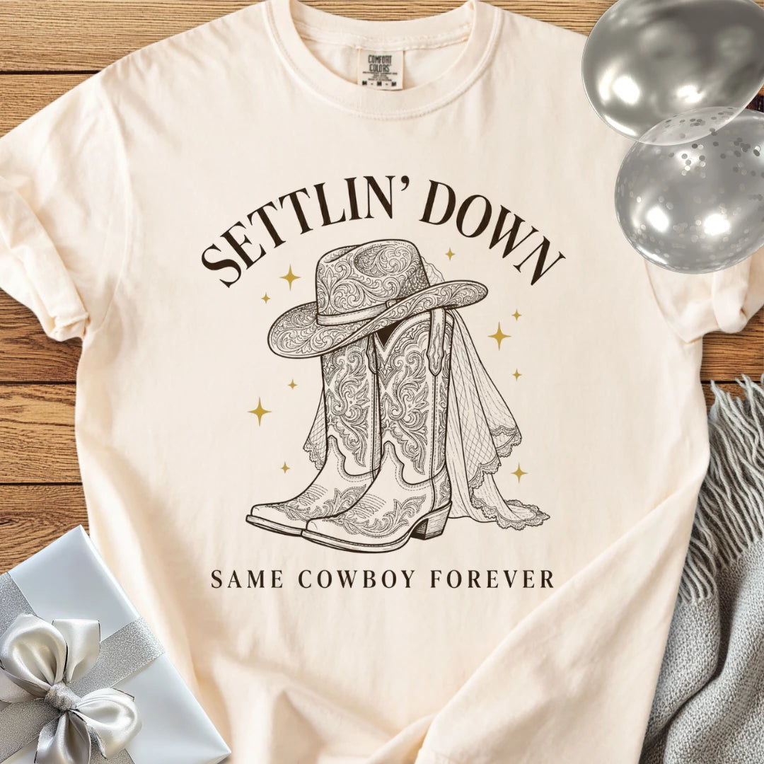 Settlin' Down, Same Cowboy Forever - Premium Wedding T-Shirt