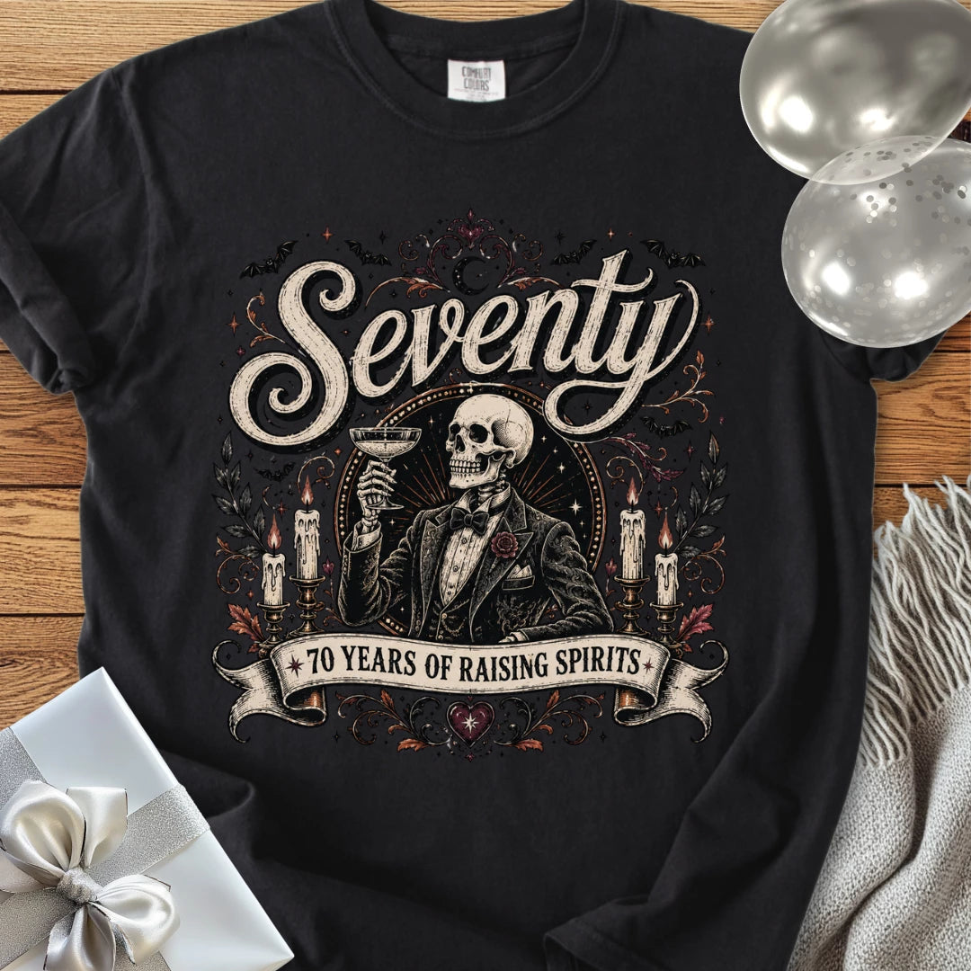 Seventy: 70 Years of Raising Spirits - Premium Halloween 70th Birthday T-Shirt