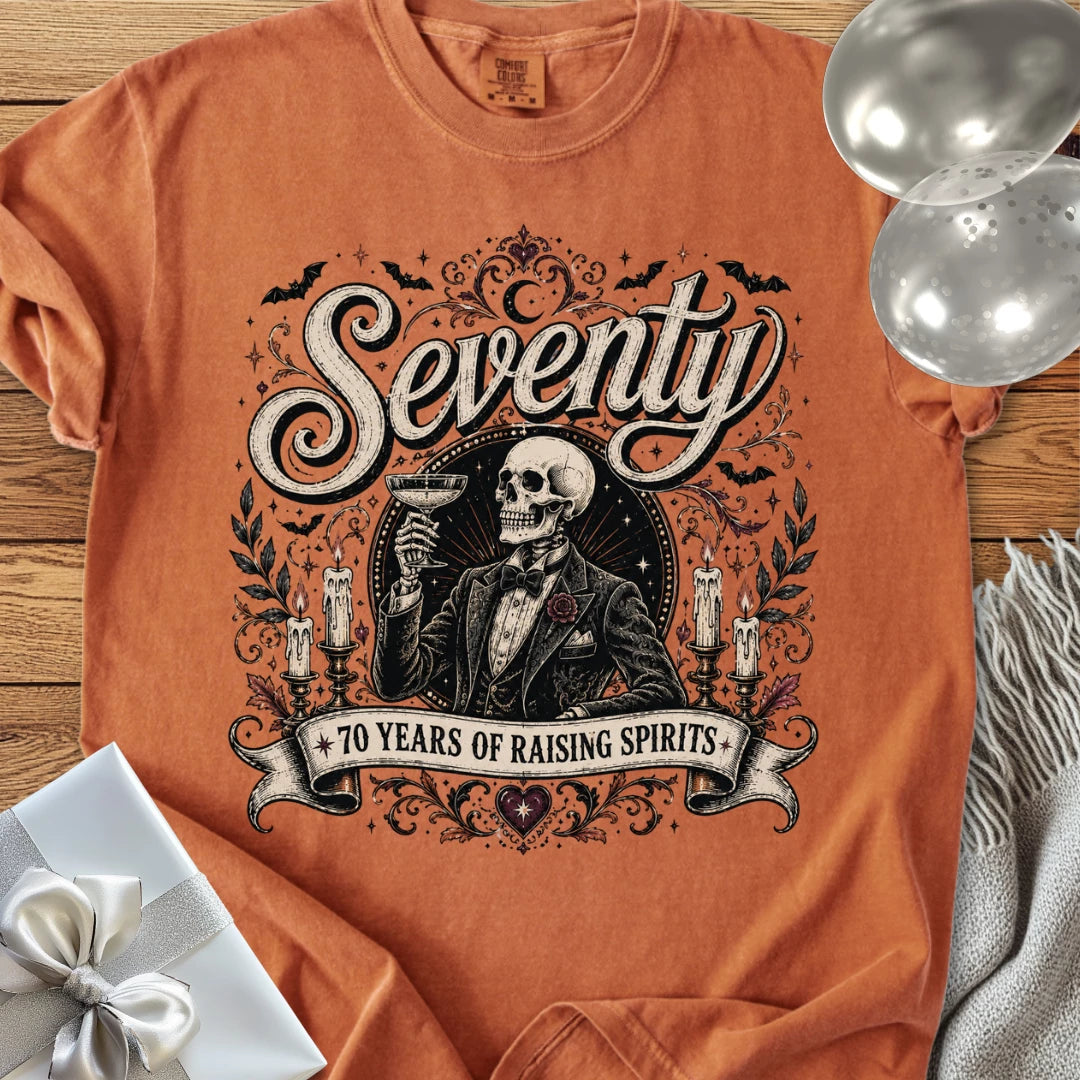 Seventy: 70 Years of Raising Spirits - Premium Halloween 70th Birthday T-Shirt