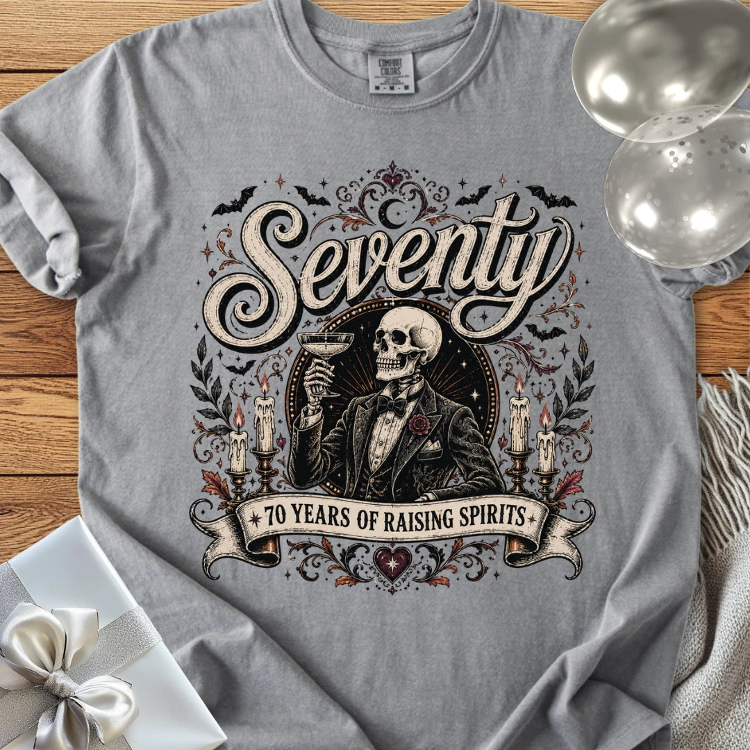 Seventy: 70 Years of Raising Spirits - Premium Halloween 70th Birthday T-Shirt