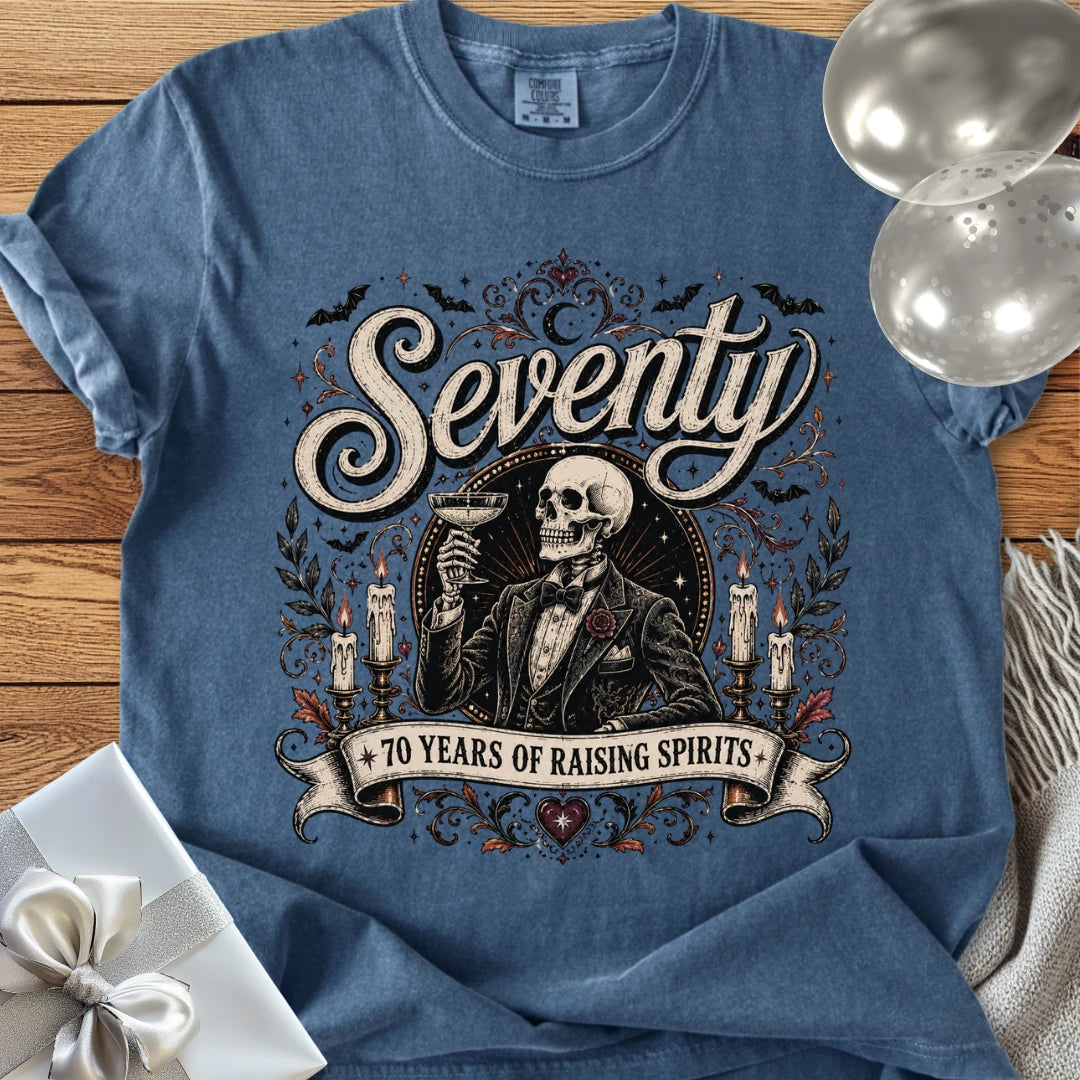 Seventy: 70 Years of Raising Spirits - Premium Halloween 70th Birthday T-Shirt