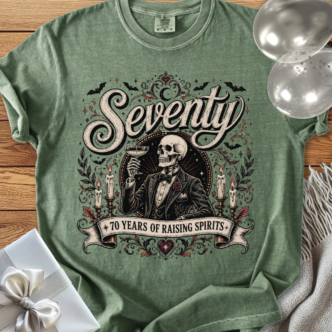 Seventy: 70 Years of Raising Spirits - Premium Halloween 70th Birthday T-Shirt