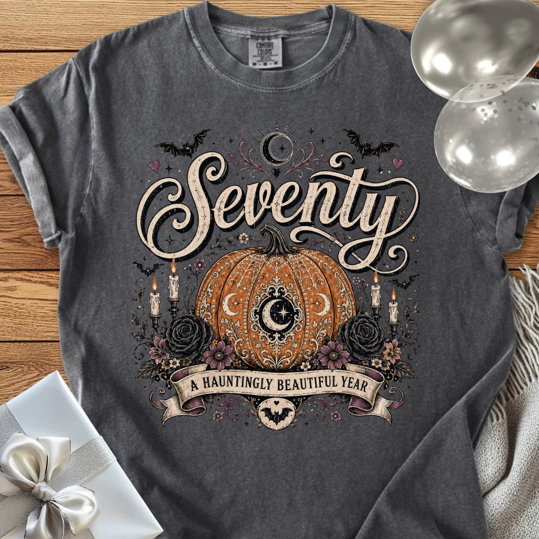 Seventy, A Hauntingly Beautiful Year - Premium Halloween 70th Birthday T-Shirt
