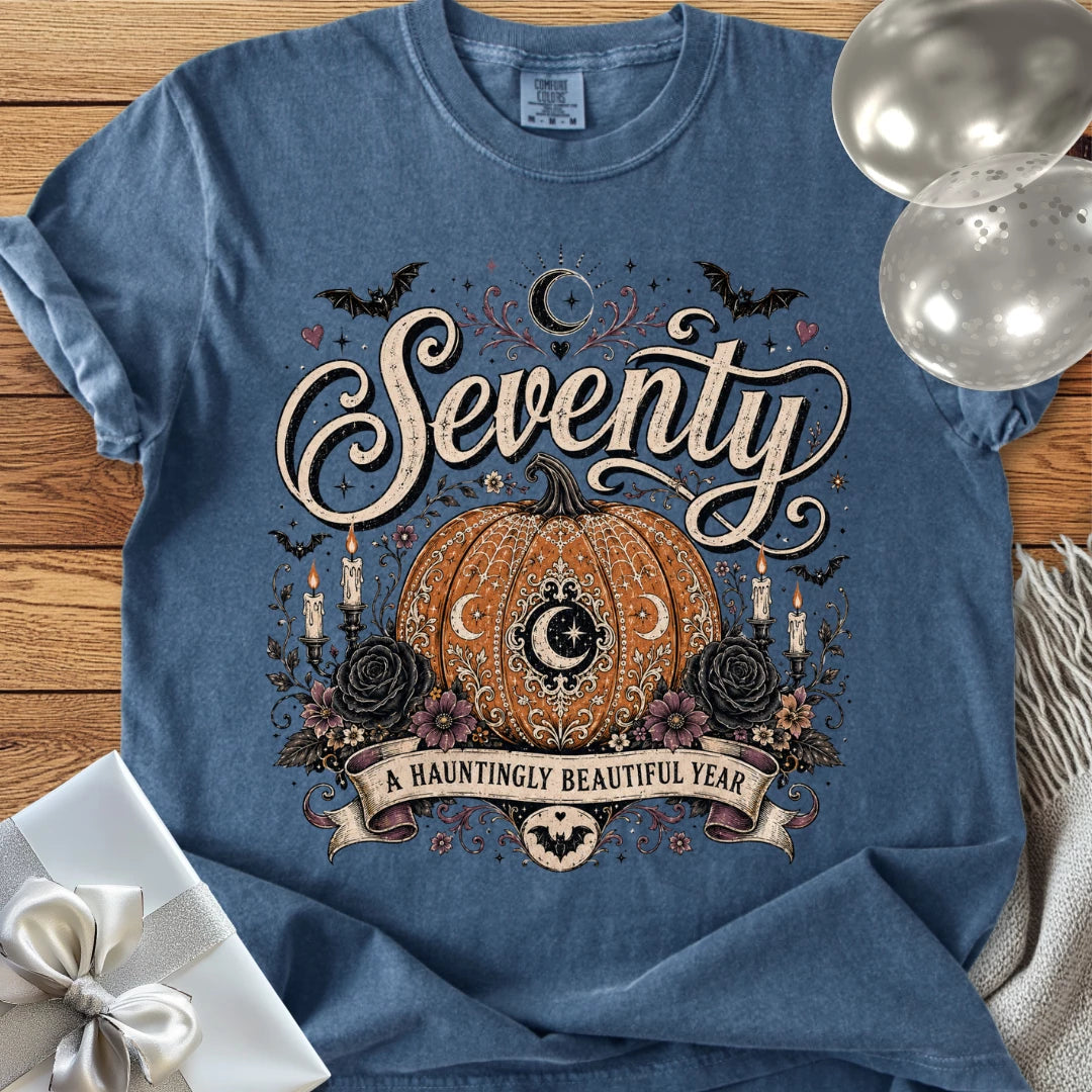 Seventy, A Hauntingly Beautiful Year - Premium Halloween 70th Birthday T-Shirt