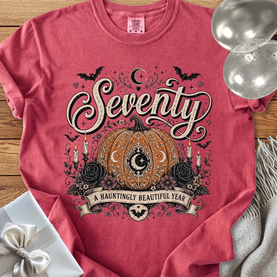 Seventy, A Hauntingly Beautiful Year - Premium Halloween 70th Birthday T-Shirt