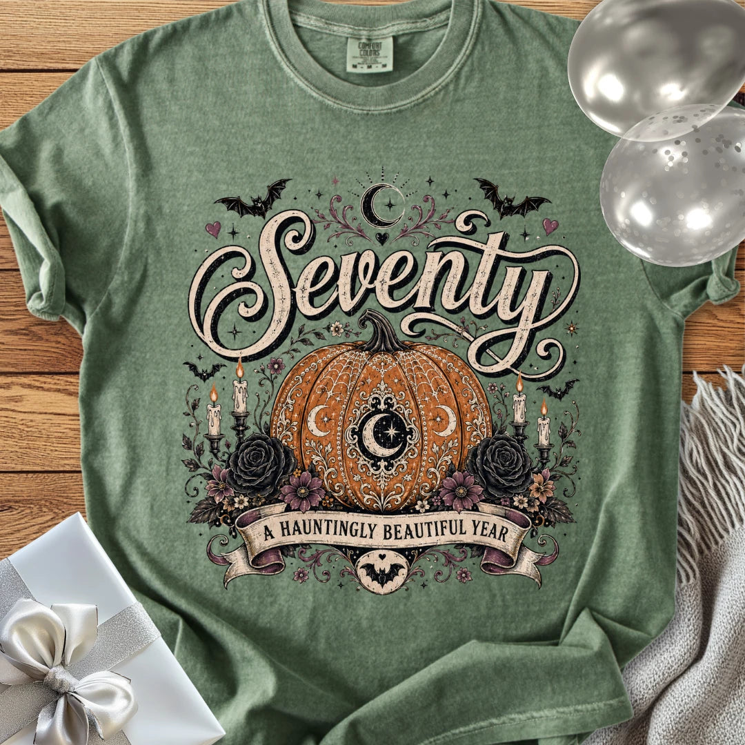 Seventy, A Hauntingly Beautiful Year - Premium Halloween 70th Birthday T-Shirt