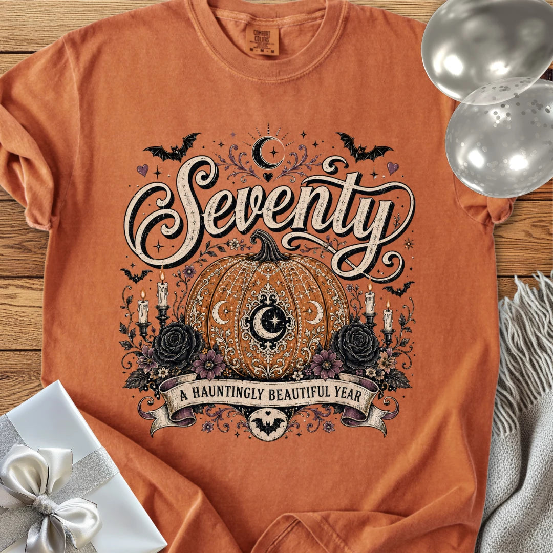 Seventy, A Hauntingly Beautiful Year - Premium Halloween 70th Birthday T-Shirt