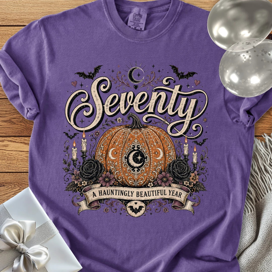 Seventy, A Hauntingly Beautiful Year - Premium Halloween 70th Birthday T-Shirt