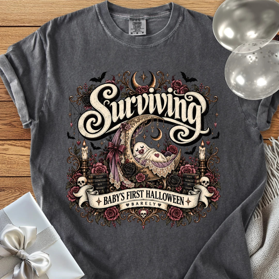 Surviving Baby's First Halloween, Barely - Premium Halloween New Parent T-Shirt