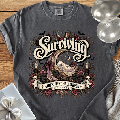 Surviving Baby's First Halloween, Barely - Premium Halloween New Parent T-Shirt