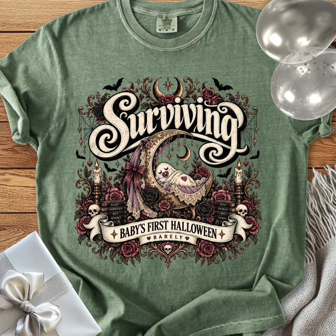 Surviving Baby's First Halloween, Barely - Premium Halloween New Parent T-Shirt