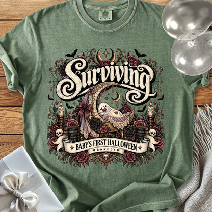 Surviving Baby's First Halloween, Barely - Premium Halloween New Parent T-Shirt