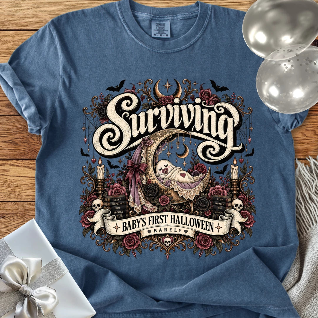 Surviving Baby's First Halloween, Barely - Premium Halloween New Parent T-Shirt