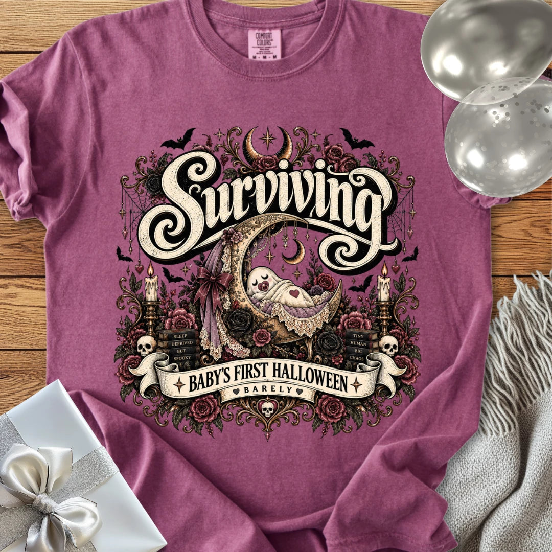 Surviving Baby's First Halloween, Barely - Premium Halloween New Parent T-Shirt