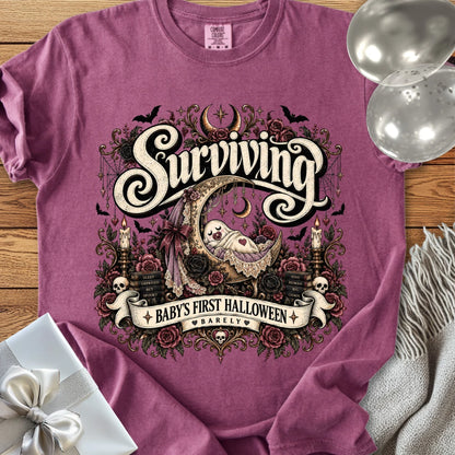 Surviving Baby's First Halloween, Barely - Premium Halloween New Parent T-Shirt