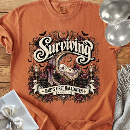 Surviving Baby's First Halloween, Barely - Premium Halloween New Parent T-Shirt