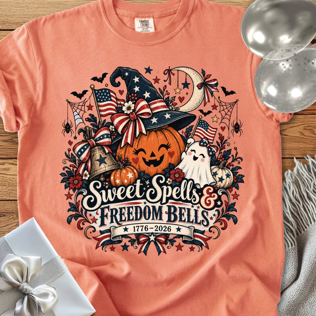 Sweet Spells & Freedom Bells - Premium America 250 Halloween T-Shirt