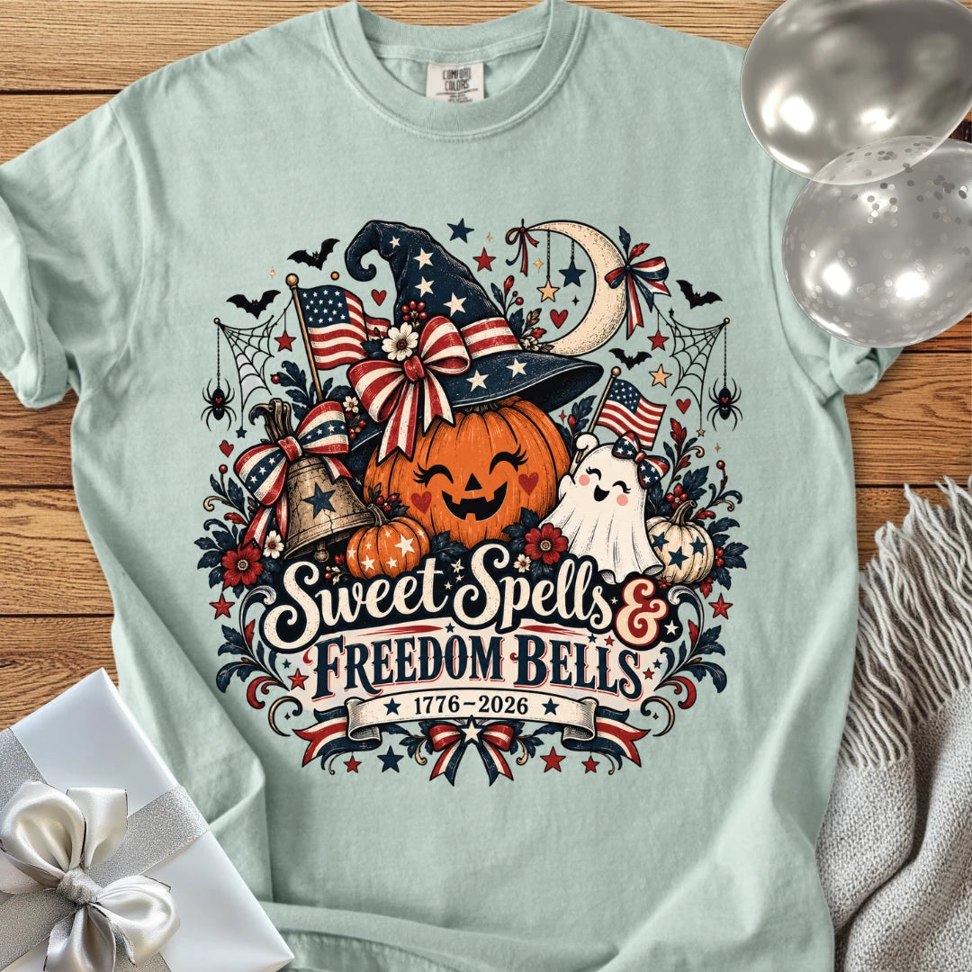 Sweet Spells & Freedom Bells - Premium America 250 Halloween T-Shirt