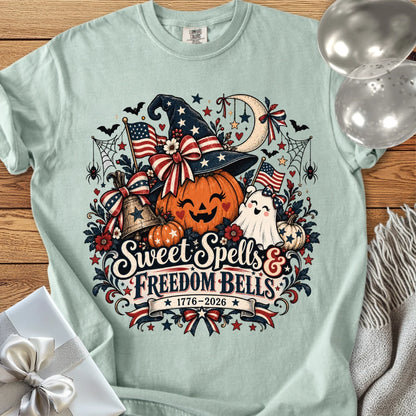 Sweet Spells & Freedom Bells - Premium America 250 Halloween T-Shirt