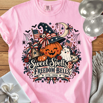Sweet Spells & Freedom Bells - Premium America 250 Halloween T-Shirt