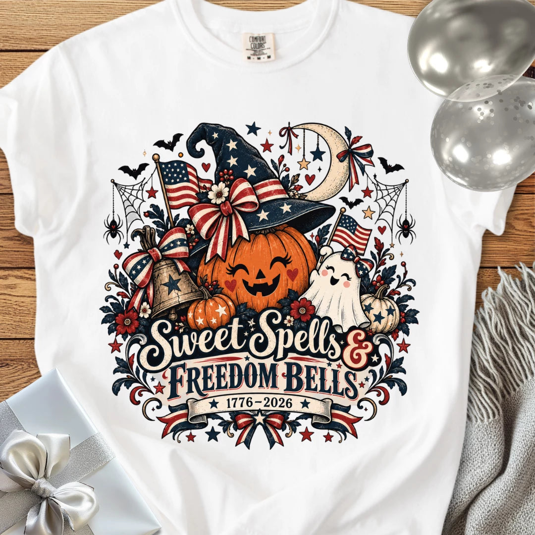 Sweet Spells & Freedom Bells - Premium America 250 Halloween T-Shirt