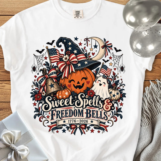 Sweet Spells & Freedom Bells - Premium America 250 Halloween T-Shirt