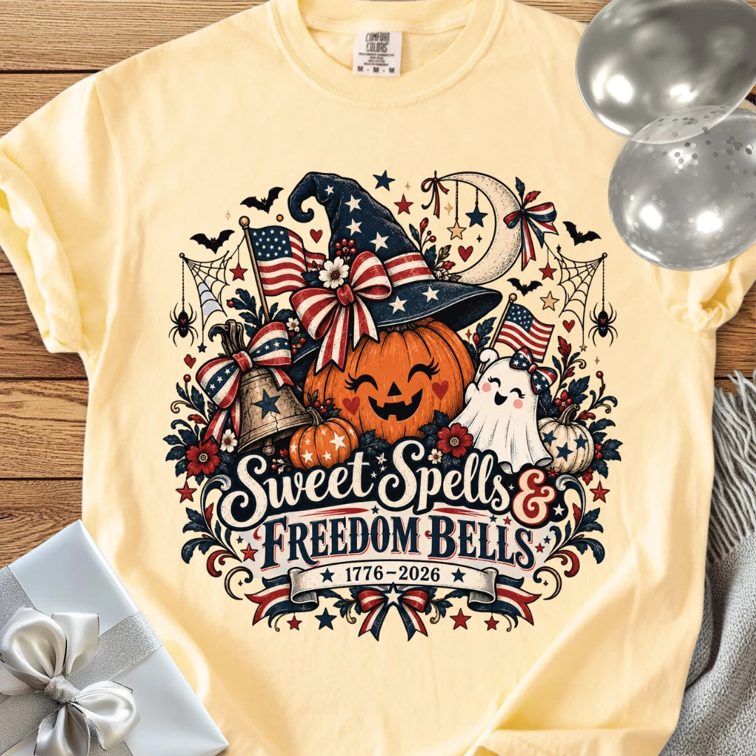 Sweet Spells & Freedom Bells - Premium America 250 Halloween T-Shirt
