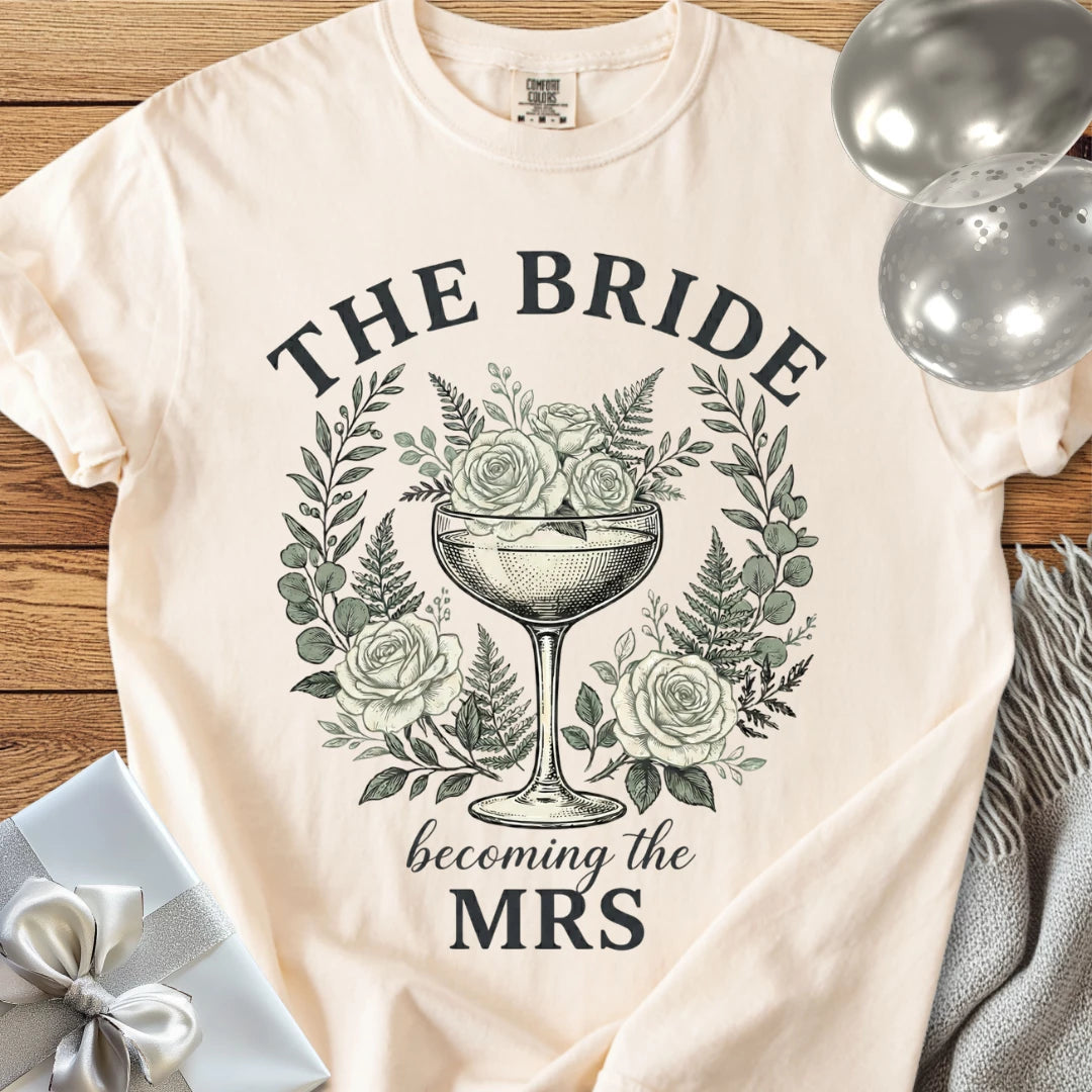 The Bride, Becoming the Mrs - Premium Vintage Botanical Wedding T-Shirt