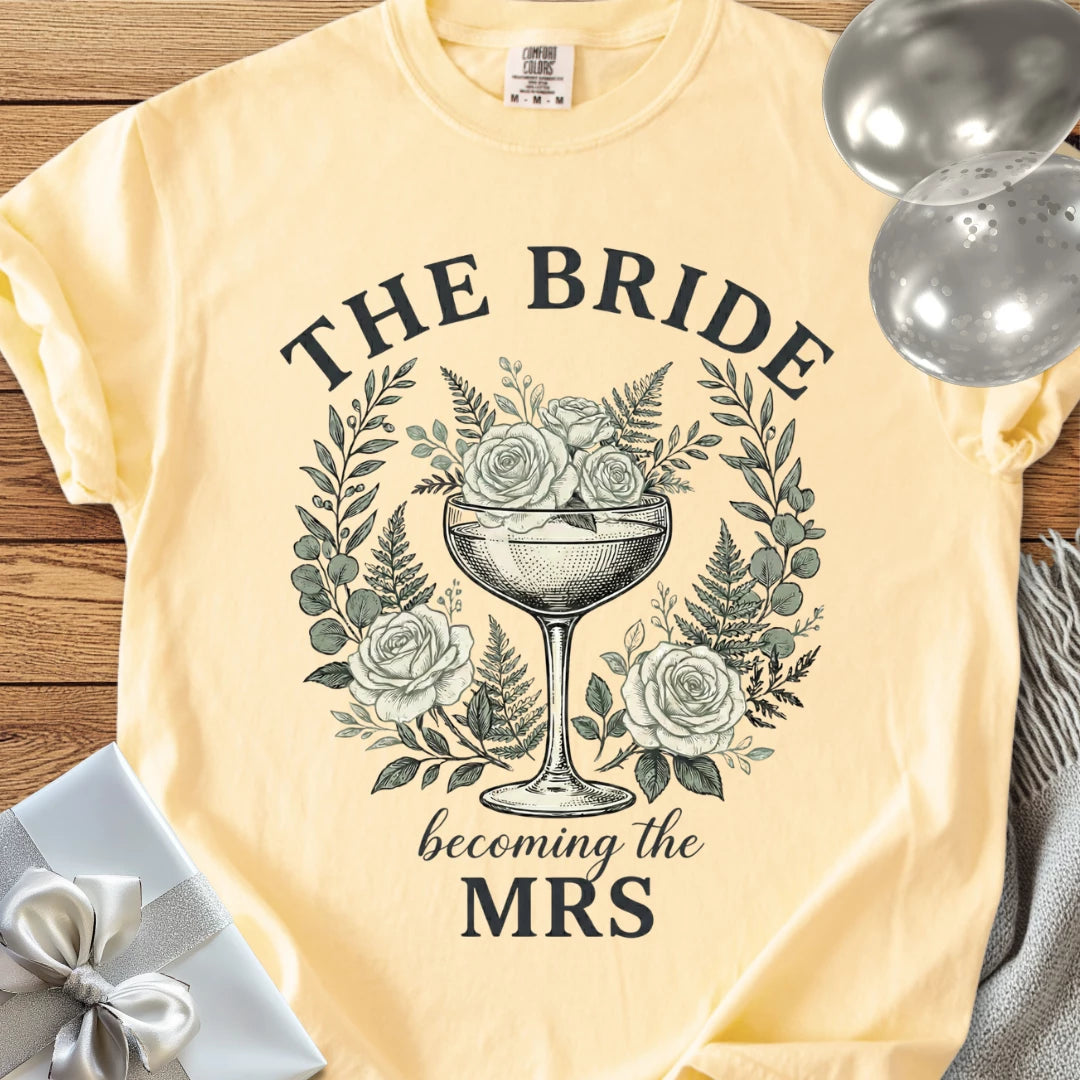 The Bride, Becoming the Mrs - Premium Vintage Botanical Wedding T-Shirt