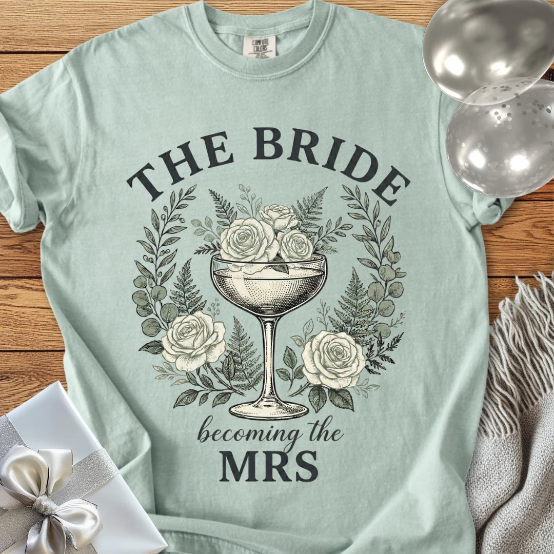 The Bride, Becoming the Mrs - Premium Vintage Botanical Wedding T-Shirt