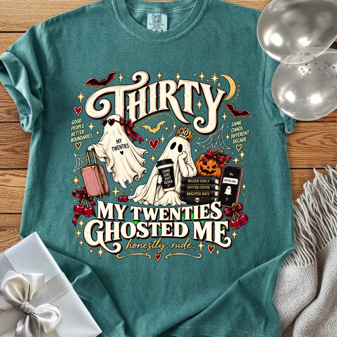 Thirty, My Twenties Ghosted Me - Premium Halloween 30th Birthday T-Shirt
