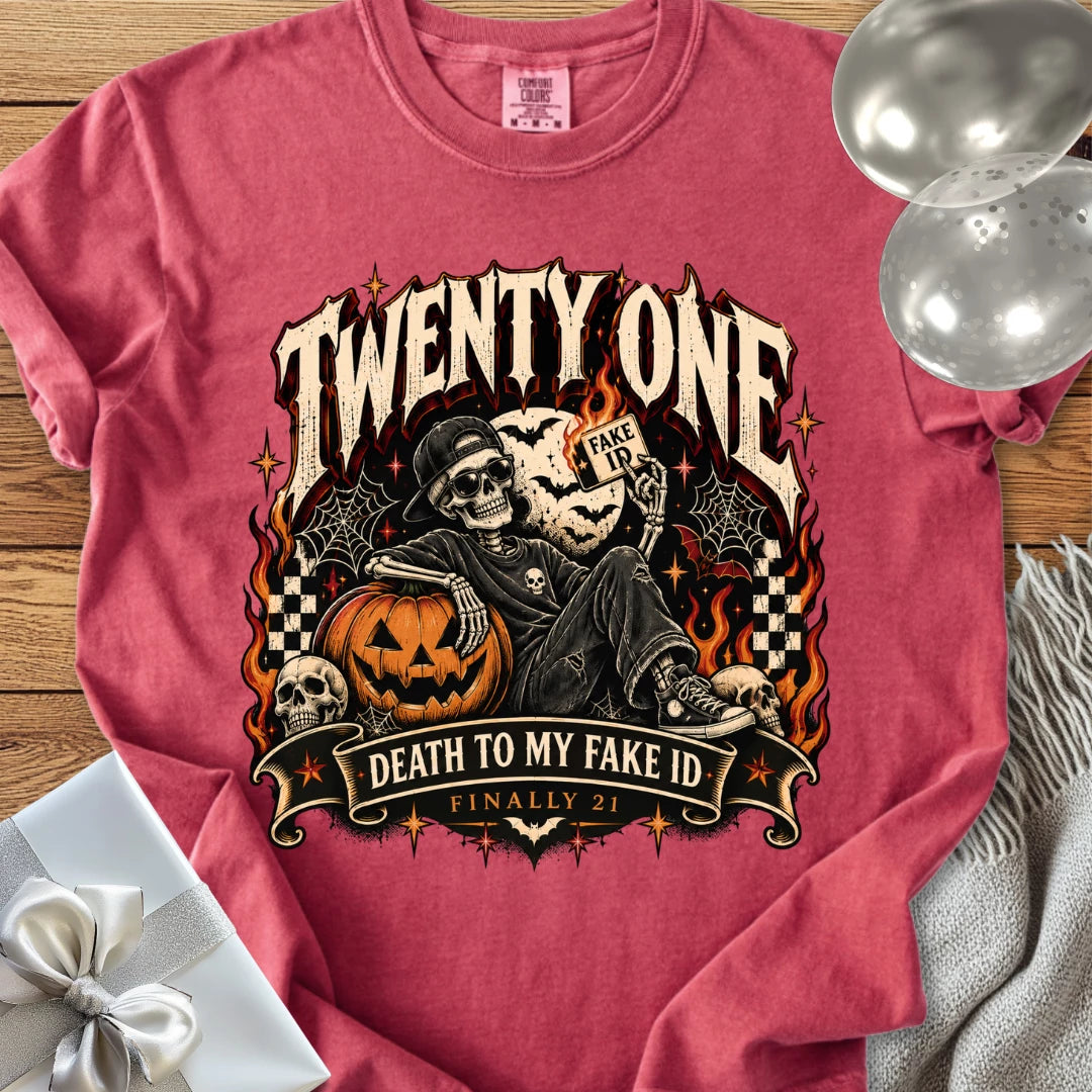Twenty One: Death to My Fake ID - Premium Halloween 21st Birthday T-Shirt