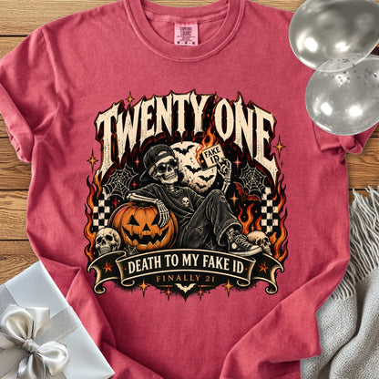 Twenty One: Death to My Fake ID - Premium Halloween 21st Birthday T-Shirt