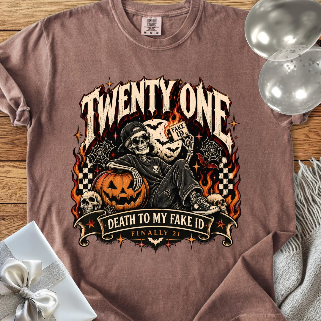 Twenty One: Death to My Fake ID - Premium Halloween 21st Birthday T-Shirt