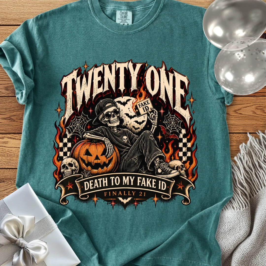 Twenty One: Death to My Fake ID - Premium Halloween 21st Birthday T-Shirt