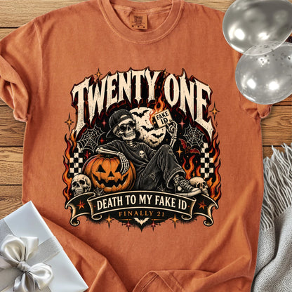 Twenty One: Death to My Fake ID - Premium Halloween 21st Birthday T-Shirt