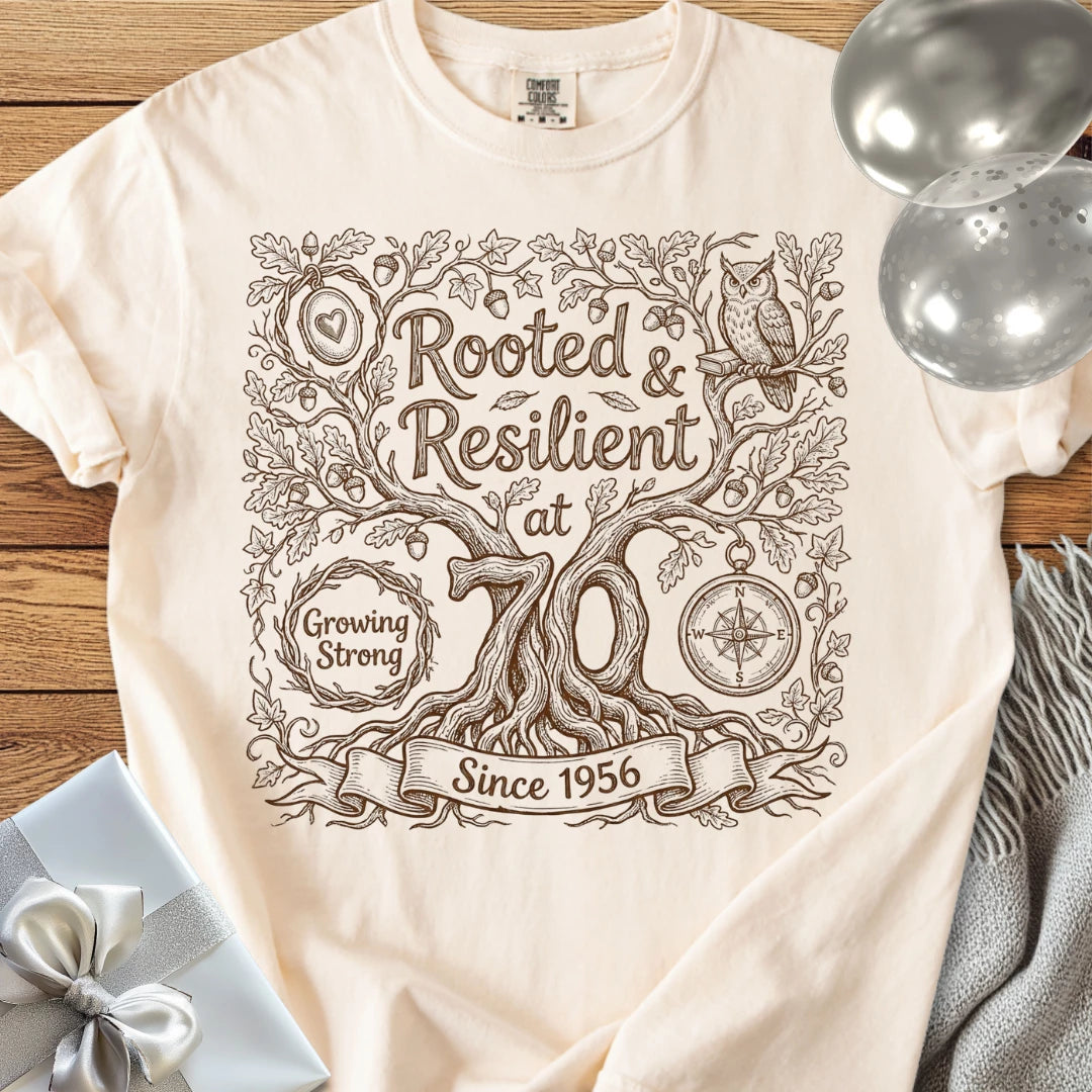 Rooted & Resilient at 70, Since 1956 - Premium 70th Birthday T-Shirt