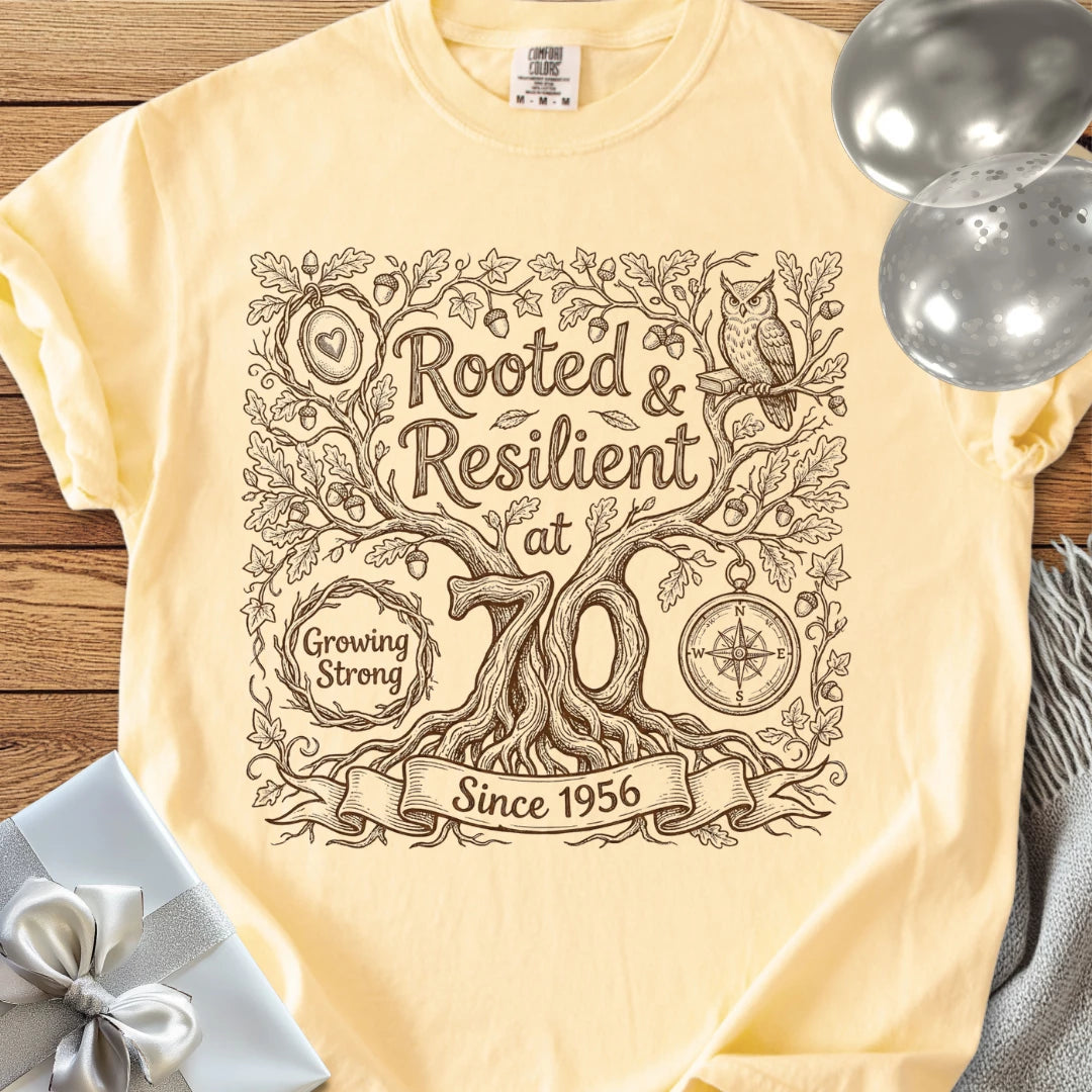 Rooted & Resilient at 70, Since 1956 - Premium 70th Birthday T-Shirt