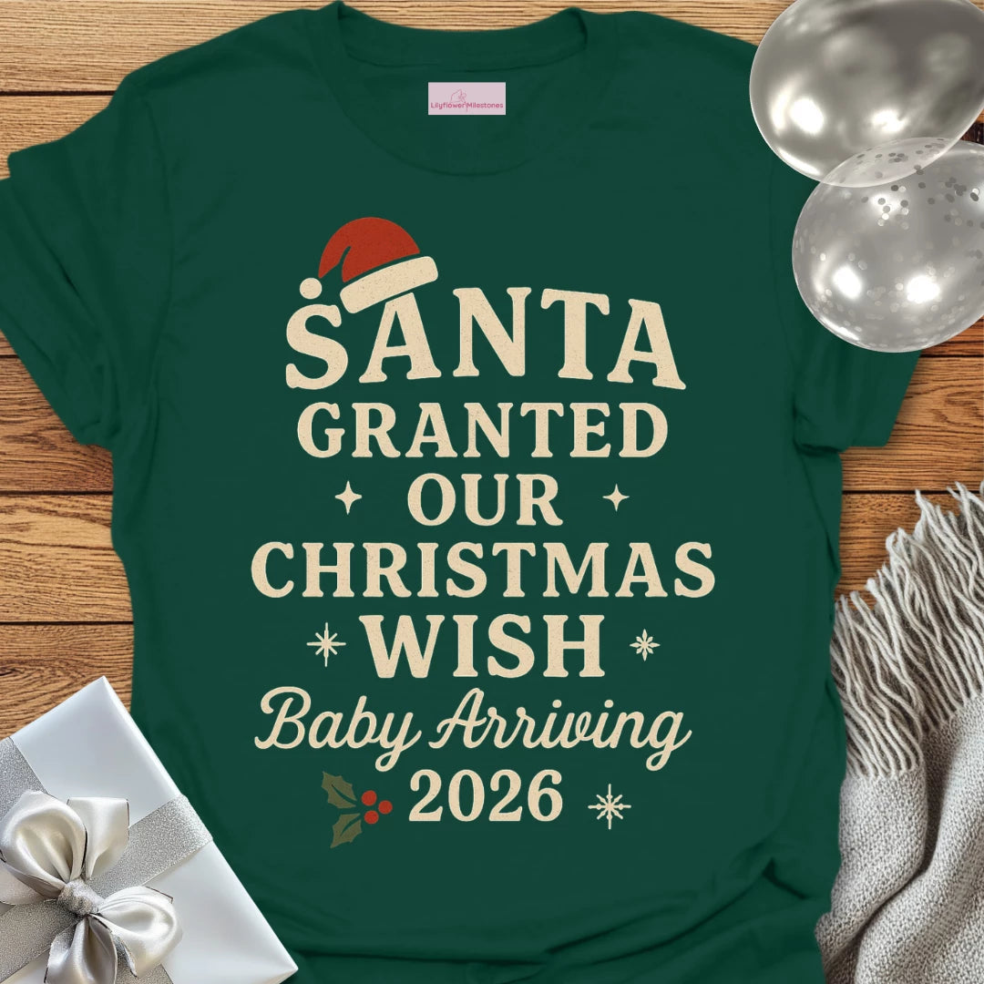 Santa Granted Our Christmas Wish, Baby Arriving 2026 - Christmas T-Shirt
