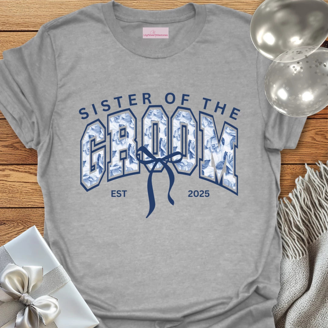 Sister of the Groom Floral Varsity Wedding T-Shirt