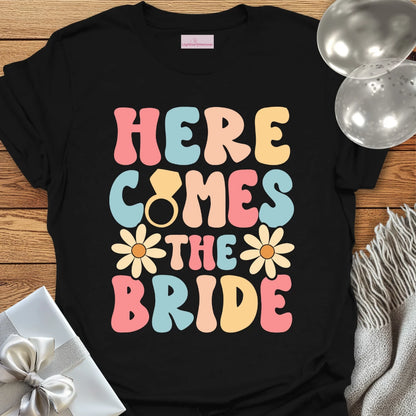 Here Comes the Bride (Groovy Floral) - Wedding T-Shirt