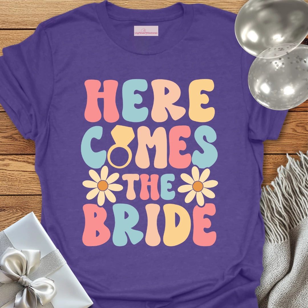 Here Comes the Bride (Groovy Floral) - Wedding T-Shirt