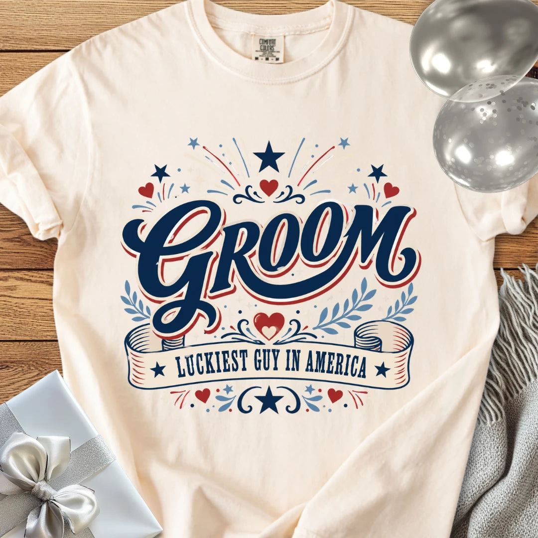 Groom, Luckiest Guy in America - Premium Wedding T-Shirt